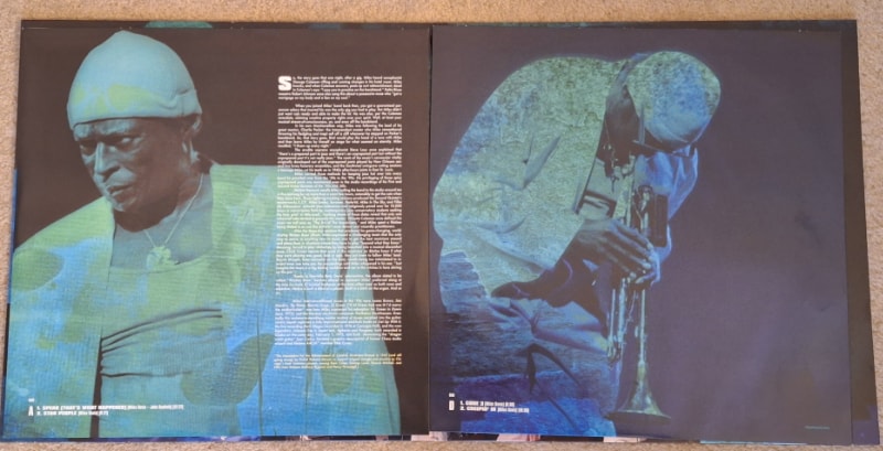 The LP jackets include liner notes from Gregory Tate, personnel and production information, plus photographs of Miles.