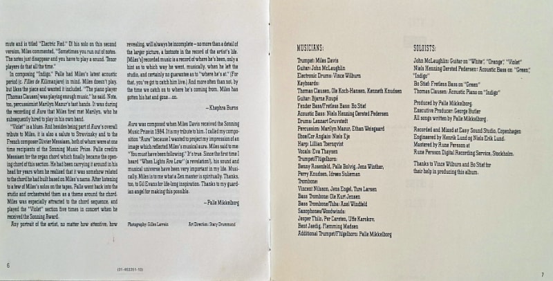One disappointing aspect of the original Aura release was how little credit Palle Mikkelborg received on the album’s cover artwork. His short liner note was tagged at the end of the main liner notes.