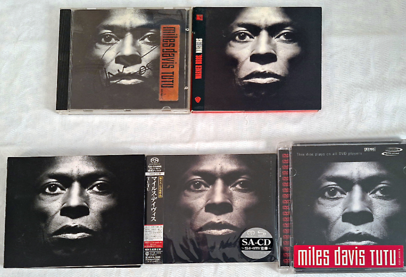 Tutu has appeared in various formats including standard CD (top row) and Deluxe, Super Audio CD (SACD) and DVD-Audio (DVD-A) formats (bottom row).