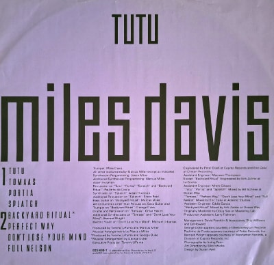 A paper inner sleeve of Miles Davis’ ‘Tutu’ on vinyl.