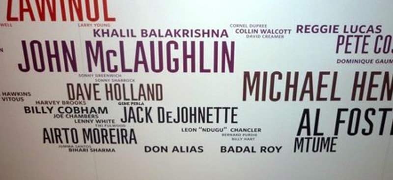 The Miles Davis Wall of Fame with the names of musicians who worked with him.