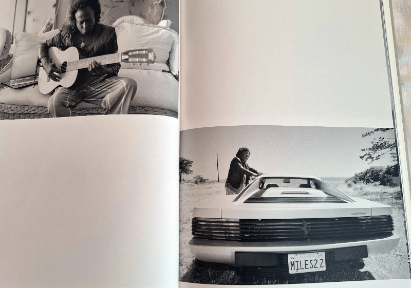 Spread of Miles Davis photographs – with guiar and white sports car.