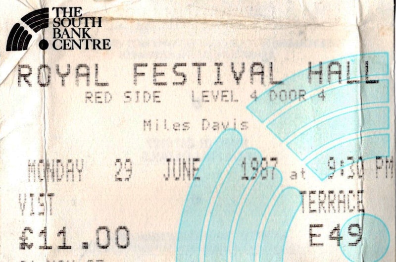 Concert ticket from Miles Davis’ June 1987 performance at London’s Royal Festival Hall.